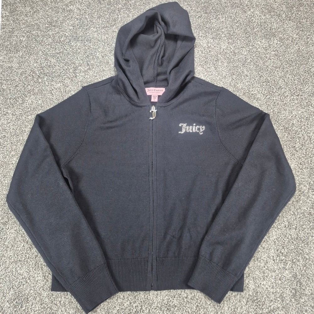Juicy Couture Zip Up‎ Hoodie Juniors Large Black Rhinestone Logo Y2K